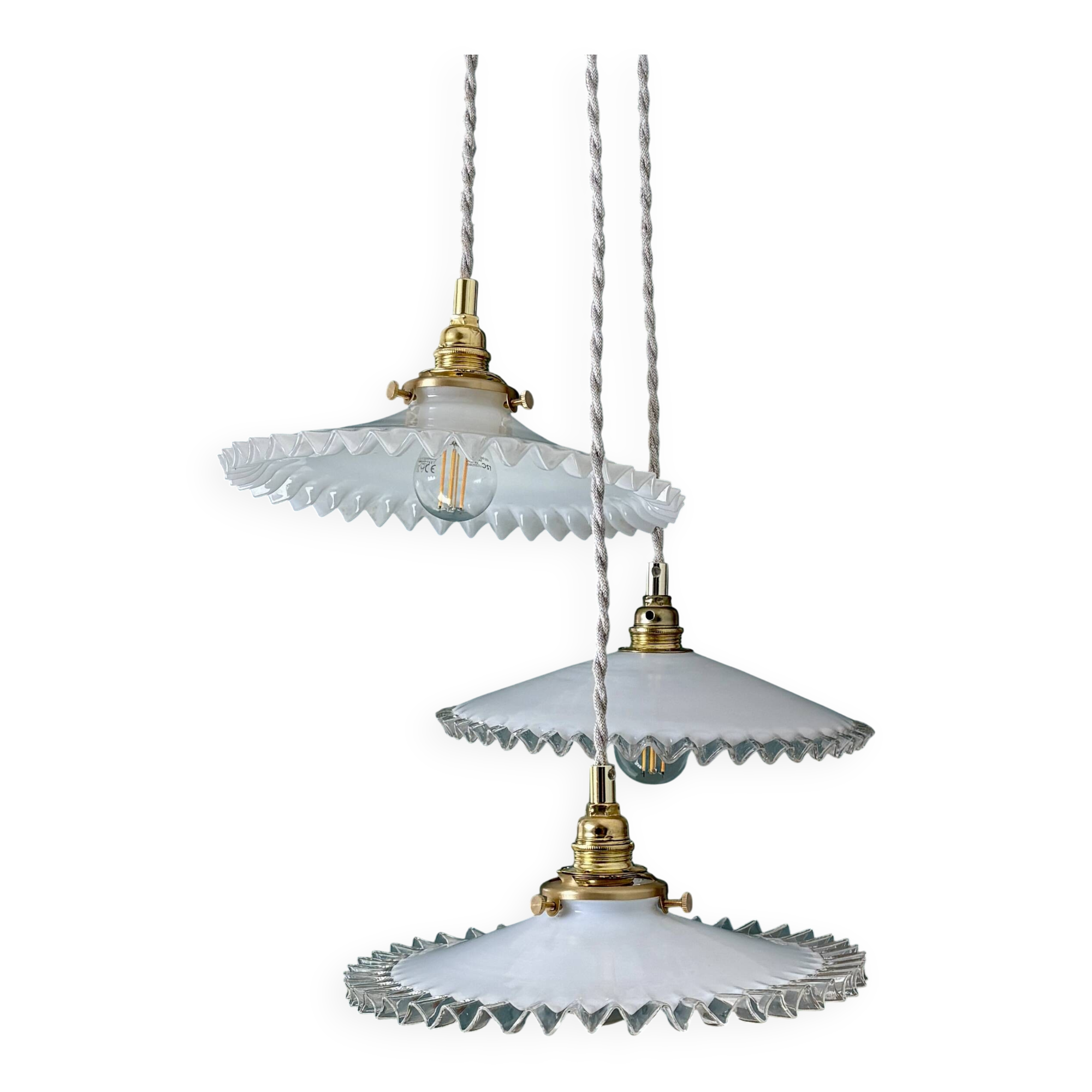 Vintage triple pendant lamp in white opaline
