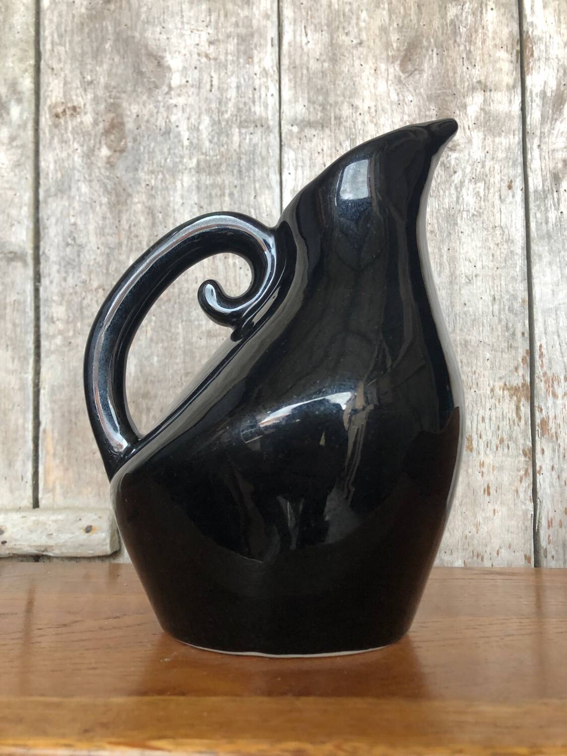 Old Black Enameled Porcelain Pitcher Blue Reflections Yellow Interior 50's #A759