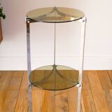 Tripod side table in chrome and smoked glass, double tier, Design, 1970