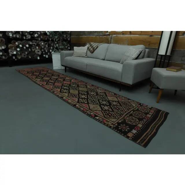 1970s Vintage Turkish Oushak Handmade Wool Cotton Pink Runner Rug 85x377