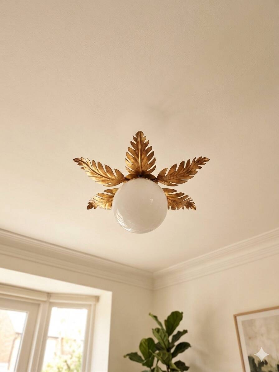 Ceiling light, pendant, chandelier, vintage golden sun lamp.
