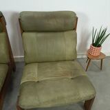 Green leather and oak wood armchair