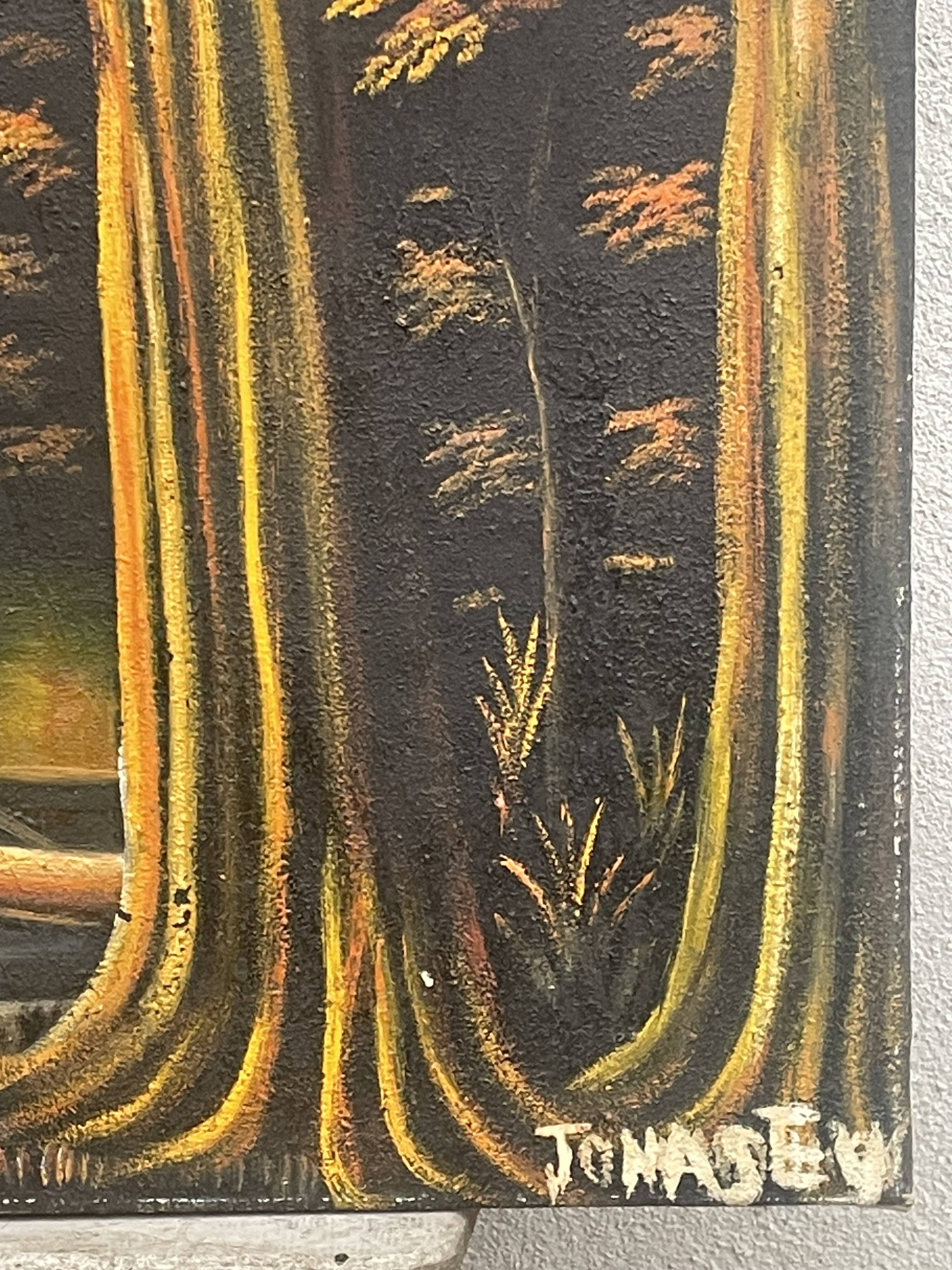 Old african canvas under lively woods in tropical and lush forest signed to identify