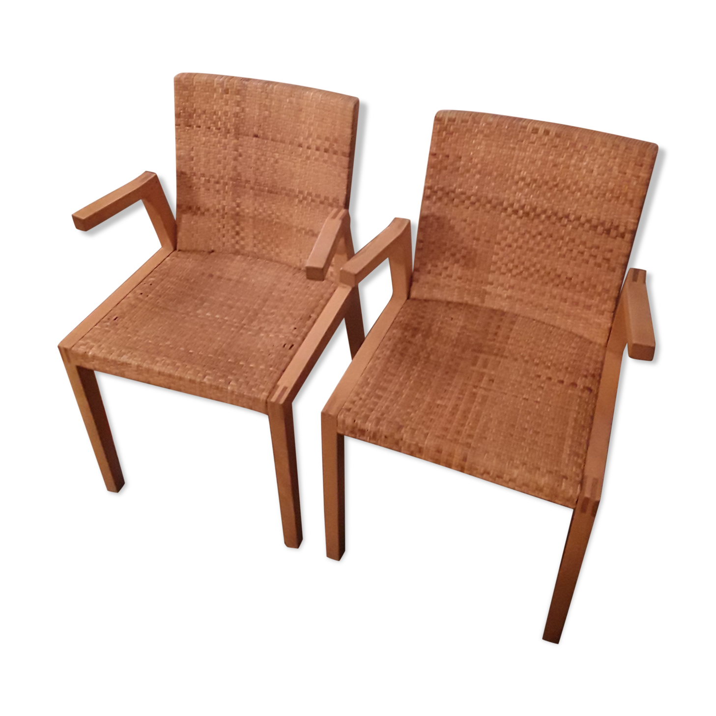 Two vintage braided straw armchairs