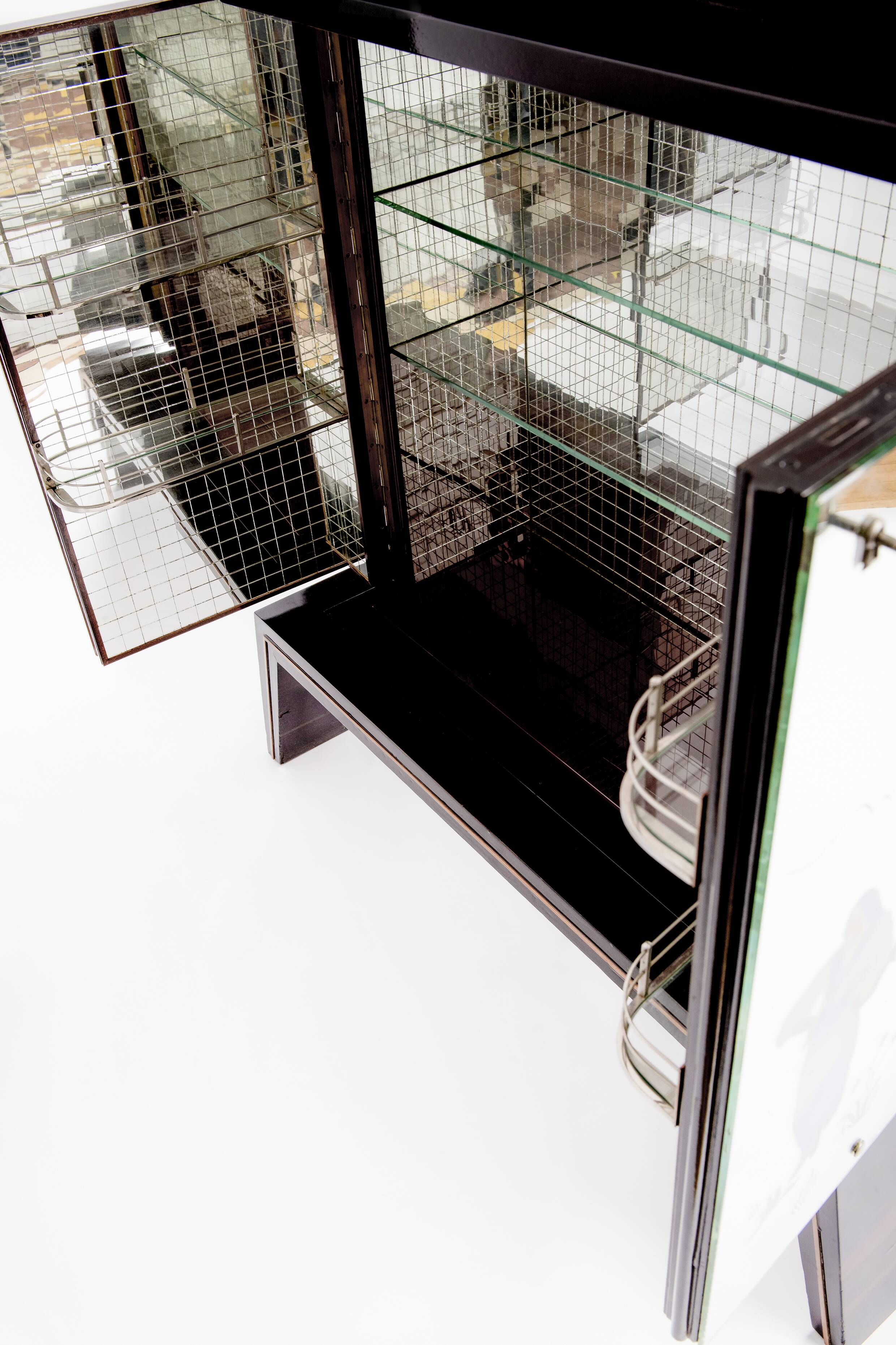 Art-deco bar furniture in macassar and acid-engraved mirror