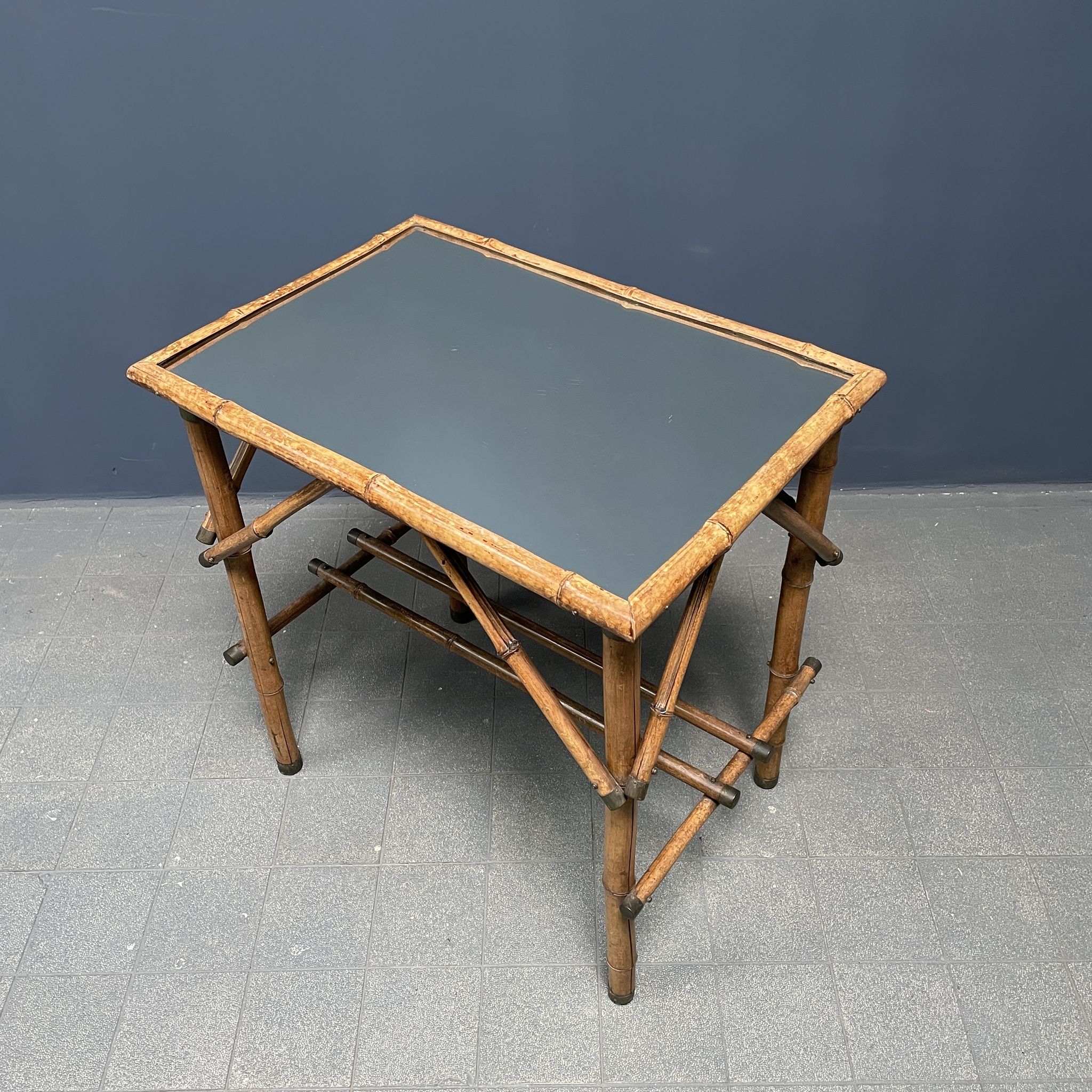 Bamboo side table with mirror top from France, 1940s