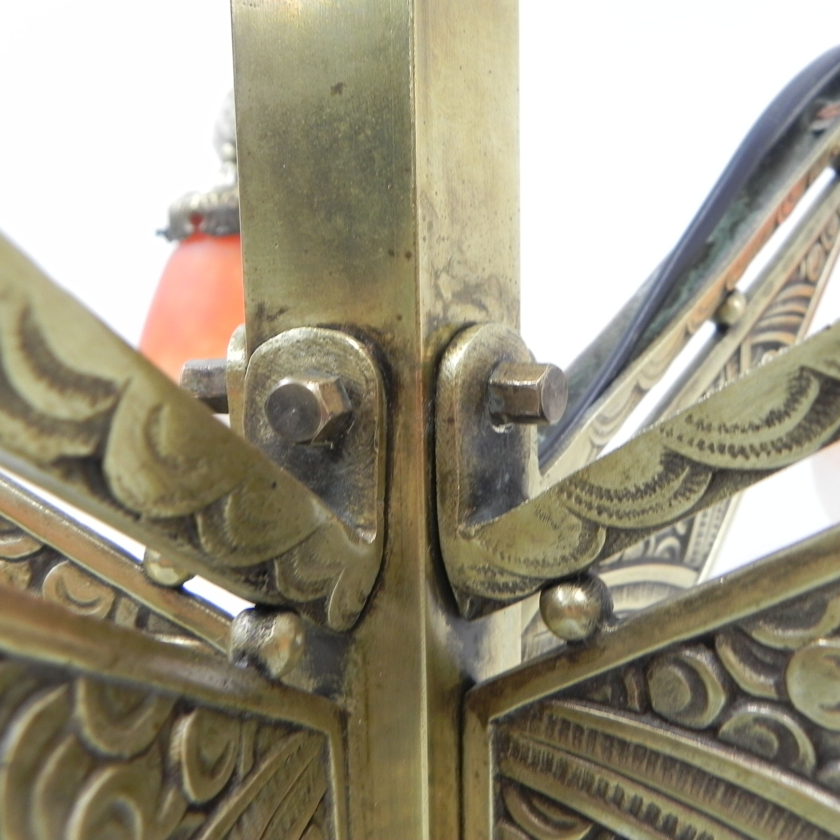 Brass Art Deco hanging lamp with 5 "pates de verre" shades