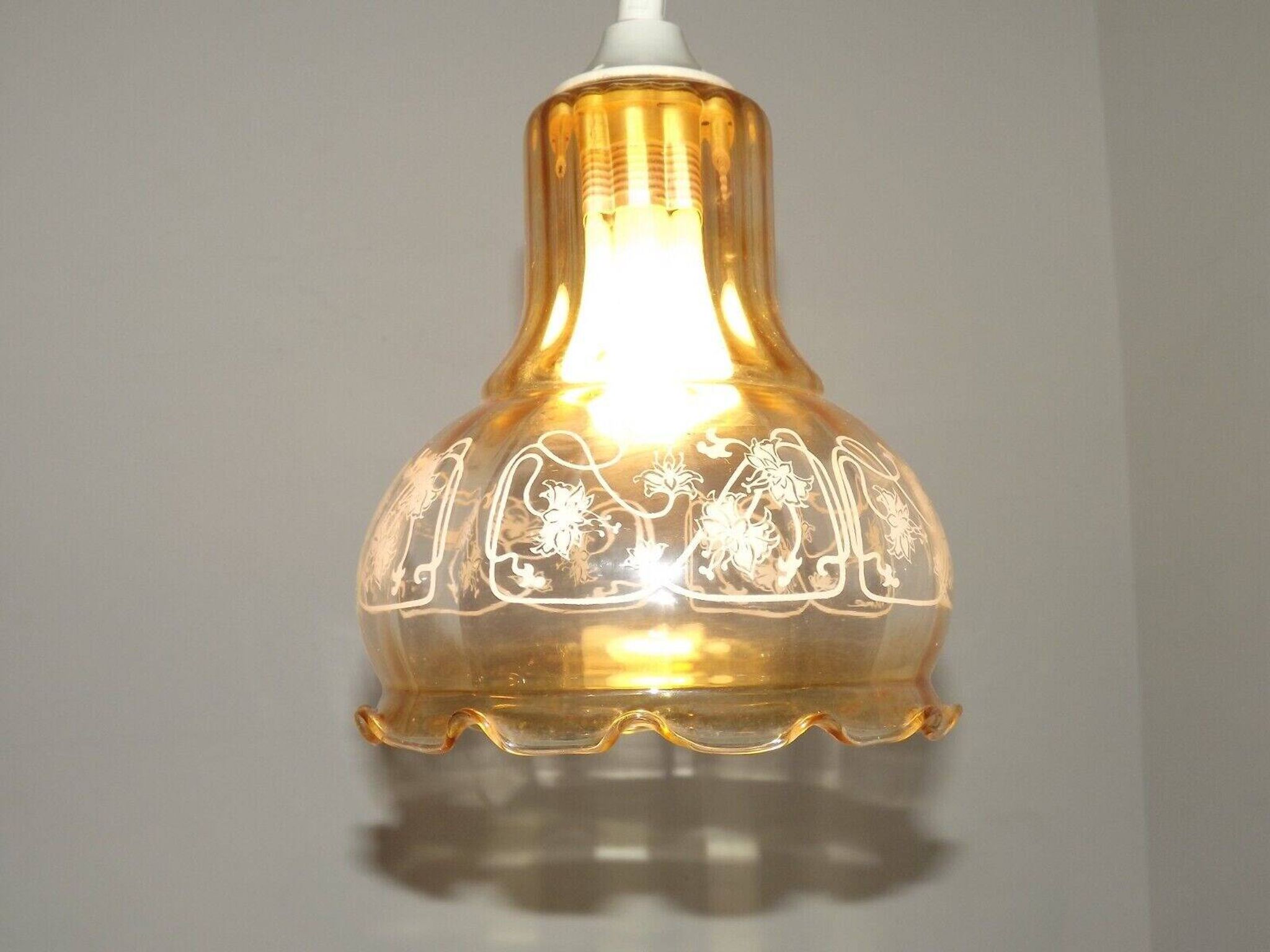 Vintage French signed Vianne amber glass ceiling light with floral decoration 4523