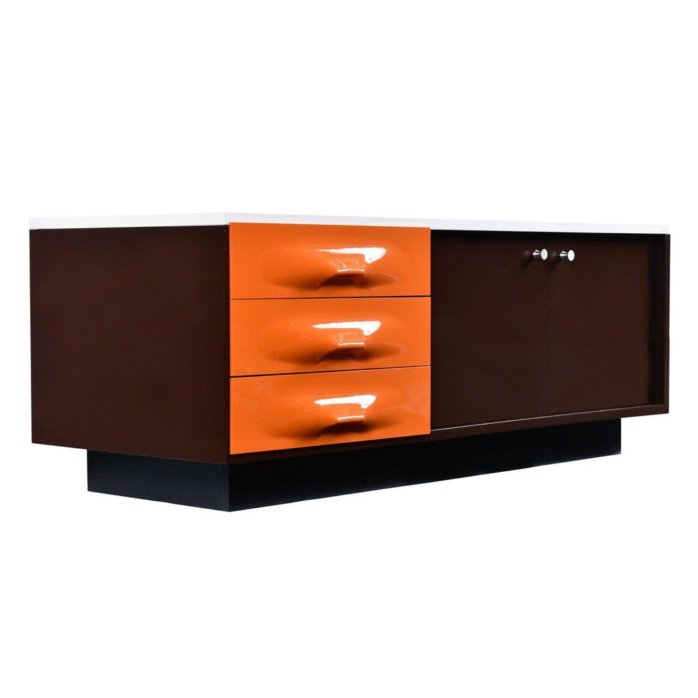 Meuble TV DF-2000 en marron, orange et blanc de Raymond Loewy.