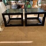 black lacquered square coffee tables with green marbled effect top
