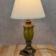 Vintage lamp with bronze imitation base & green relief glass in an antique style.