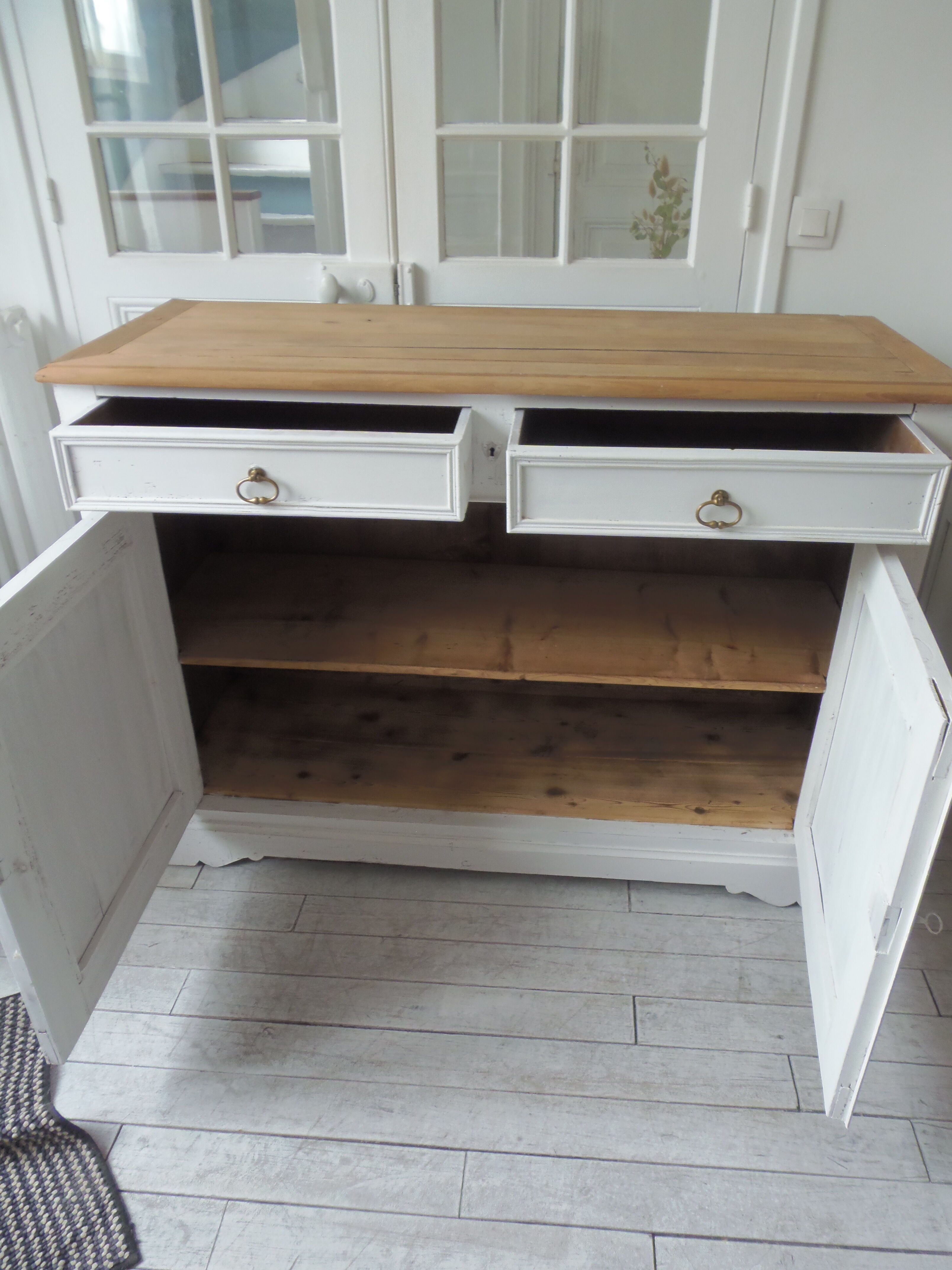 Antique sideboard patinated pearl gray waxed finish, wood top protected by varnish