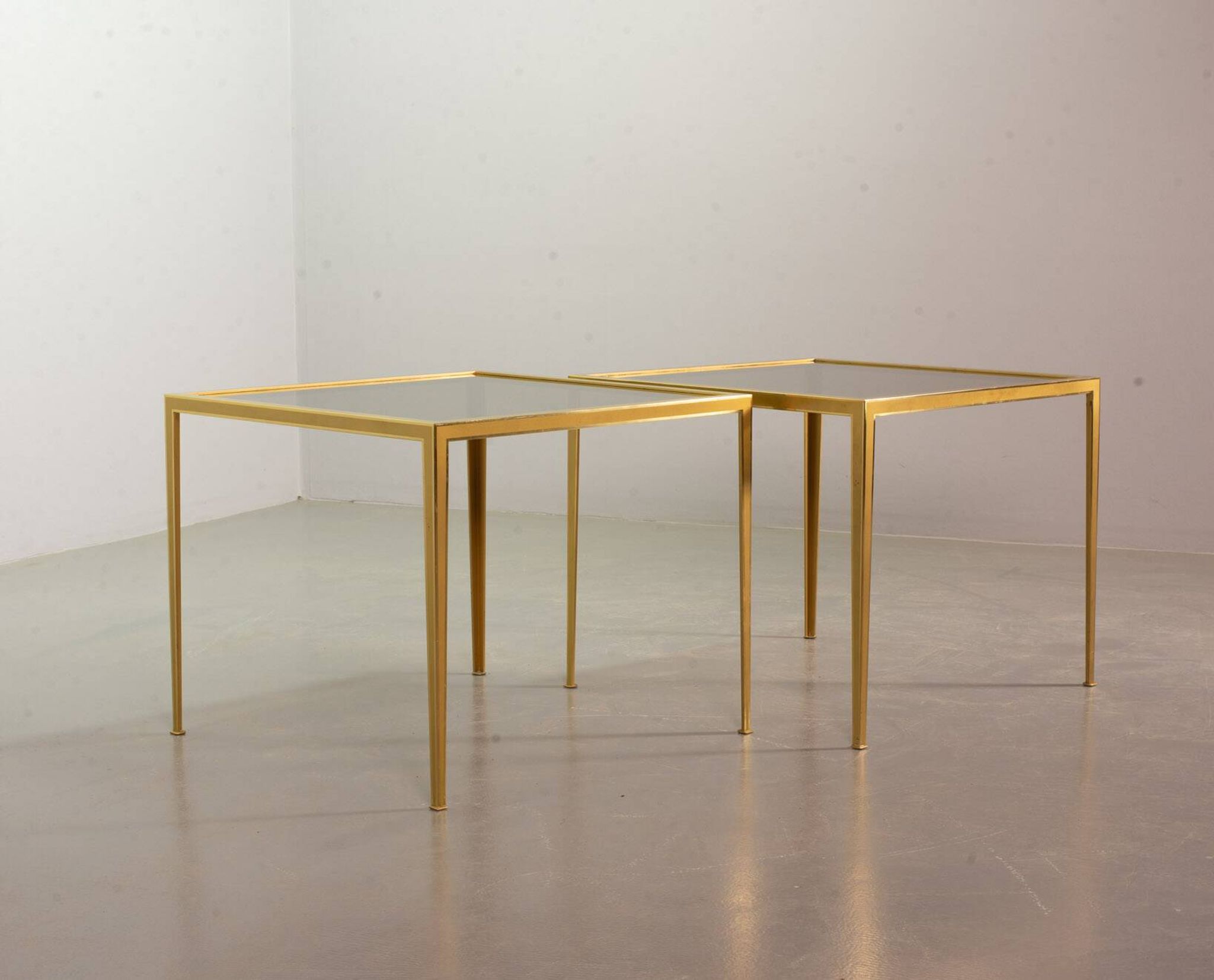 Solid Brass Side Tables with Smokey Glass Top by Vereinigte Werkstatten 70s