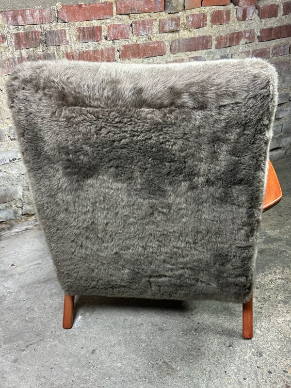 Fauteuil scandinave vintage 50's en hêtre teinté et tissus peluche