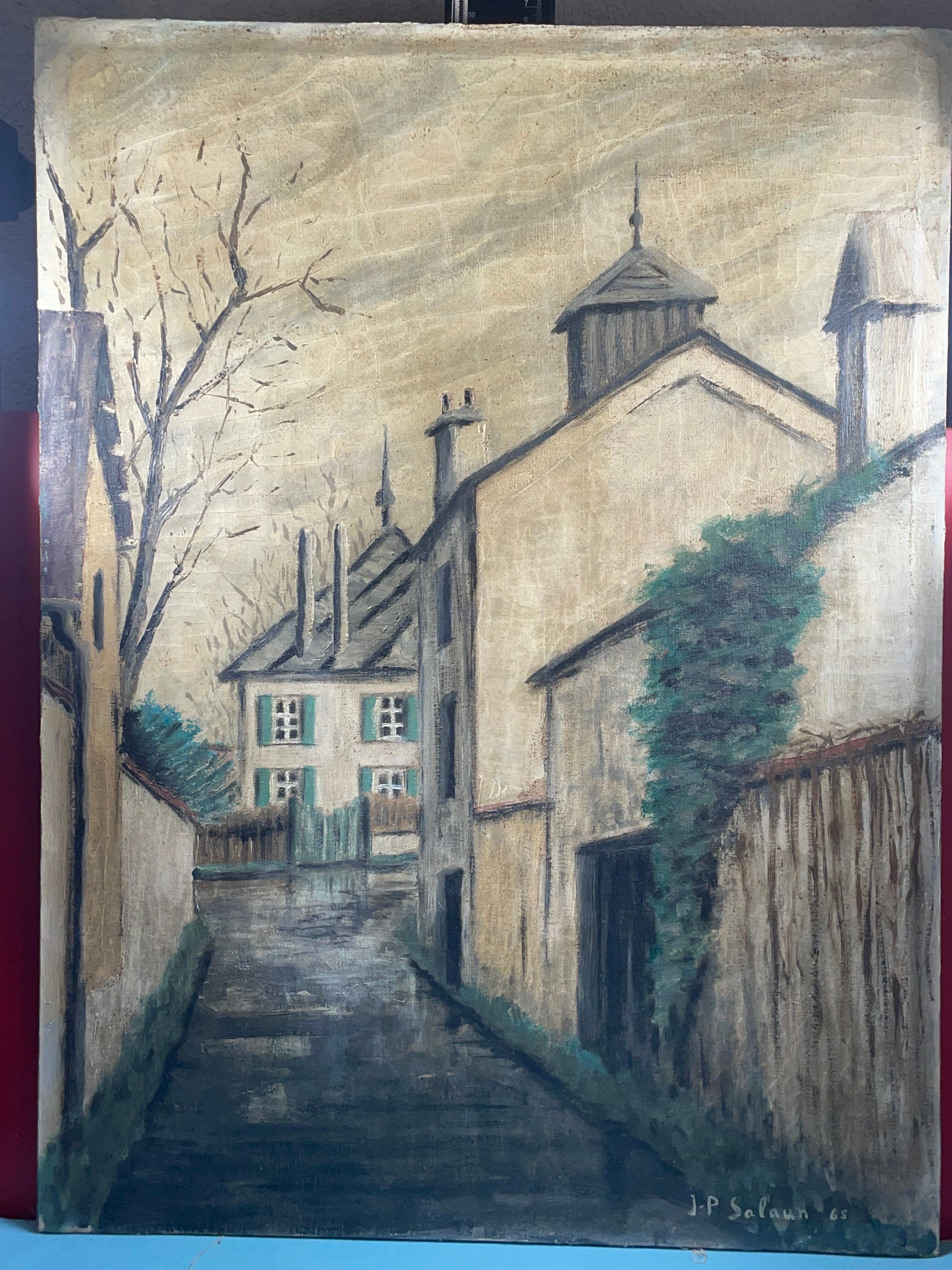 Painting without frame Oil on canvas Signed JP Salaun 65 village alley