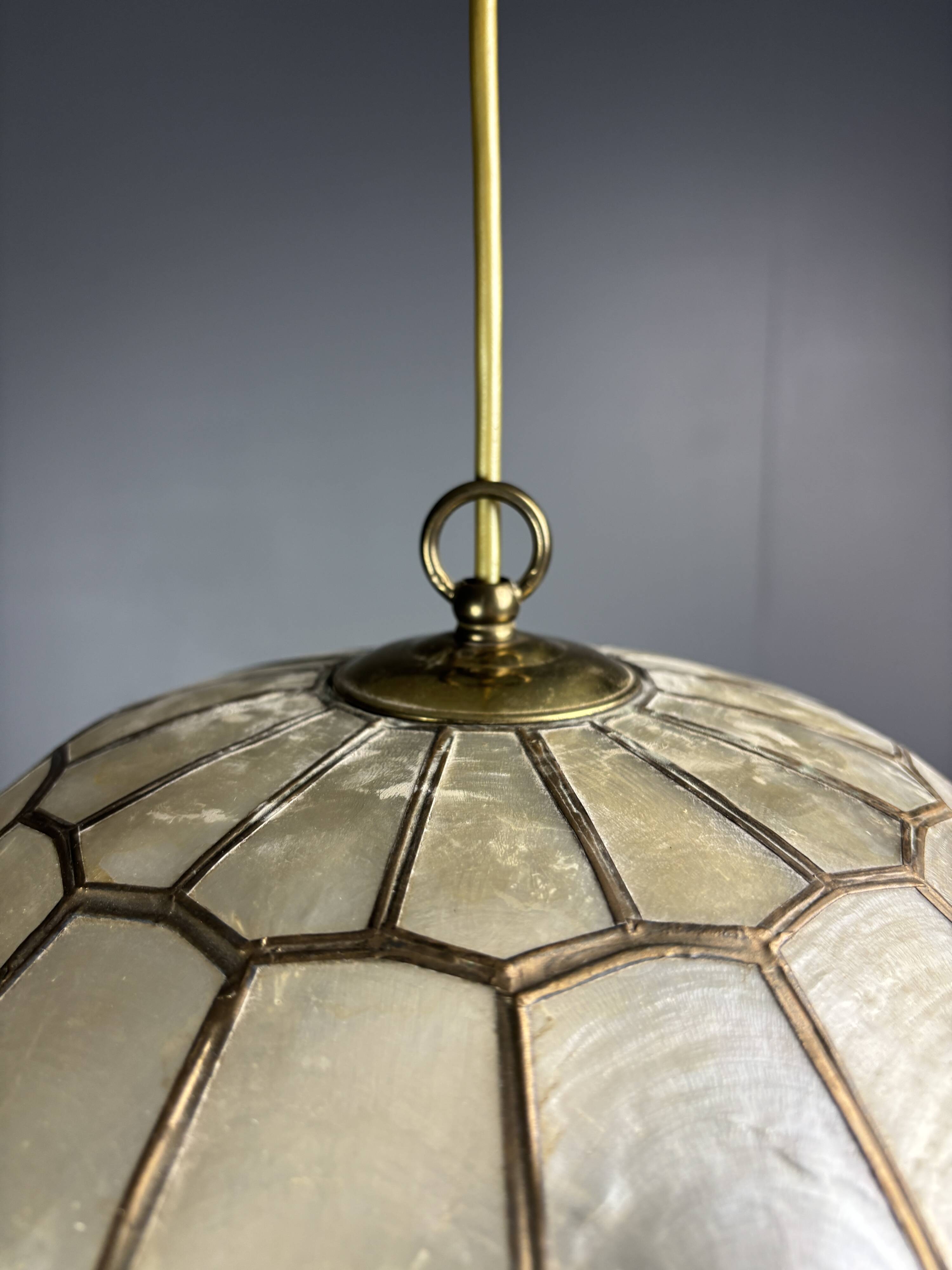 Midcentury mother of pearl Capiz shell & brass sphere large pendant, 1960s