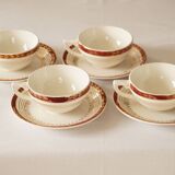 Set of 4 white, red and gold porcelain teacups, Ceranord