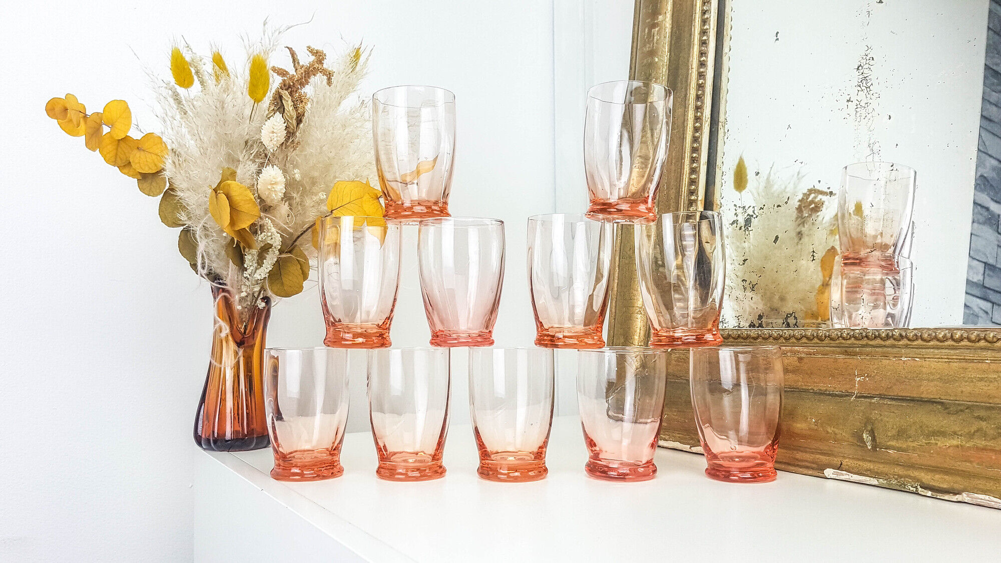 Lot of 11 vintage verrine pink glass liqueur glasses