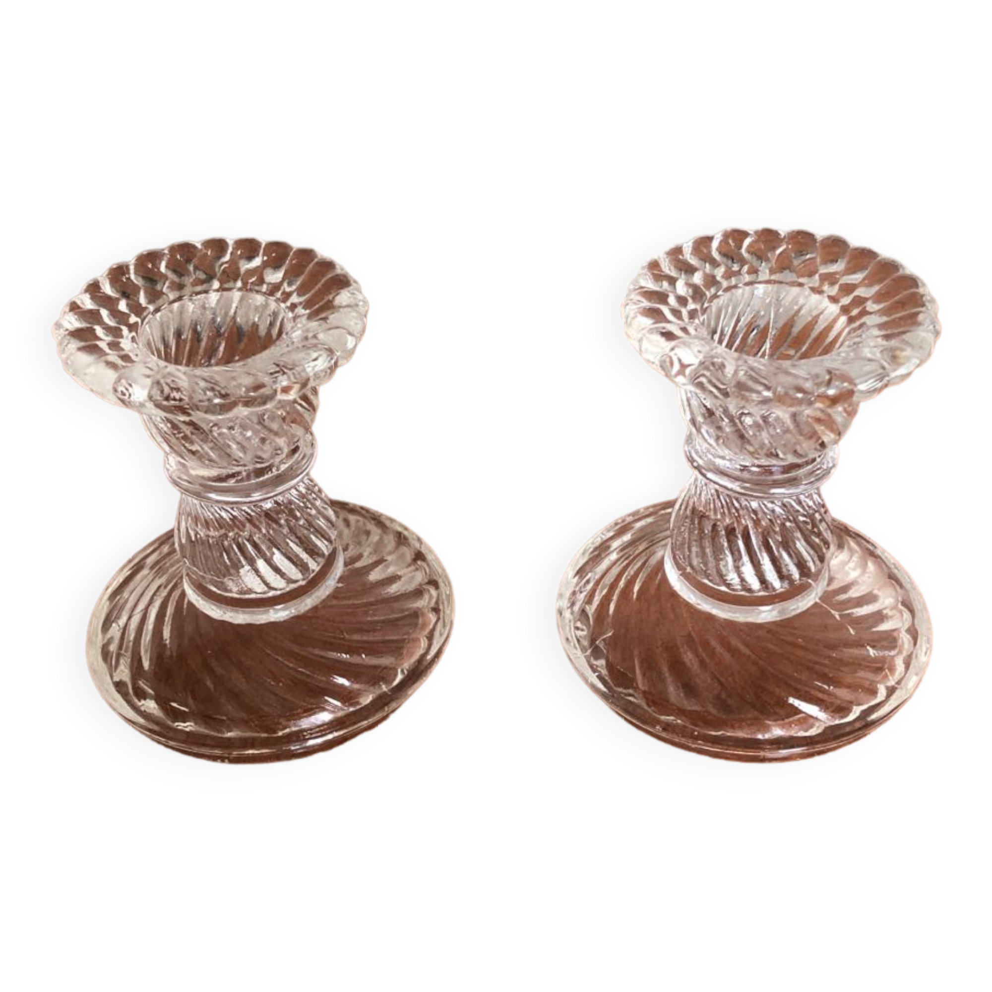 Old pair of vintage round molded glass candle holder