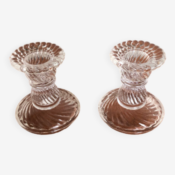 Old pair of vintage round molded glass candle holder
