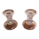 Ancienne Paire De Bougeoir Verre Moulé Rond Vintage