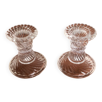 Old pair of vintage round molded glass candle holder