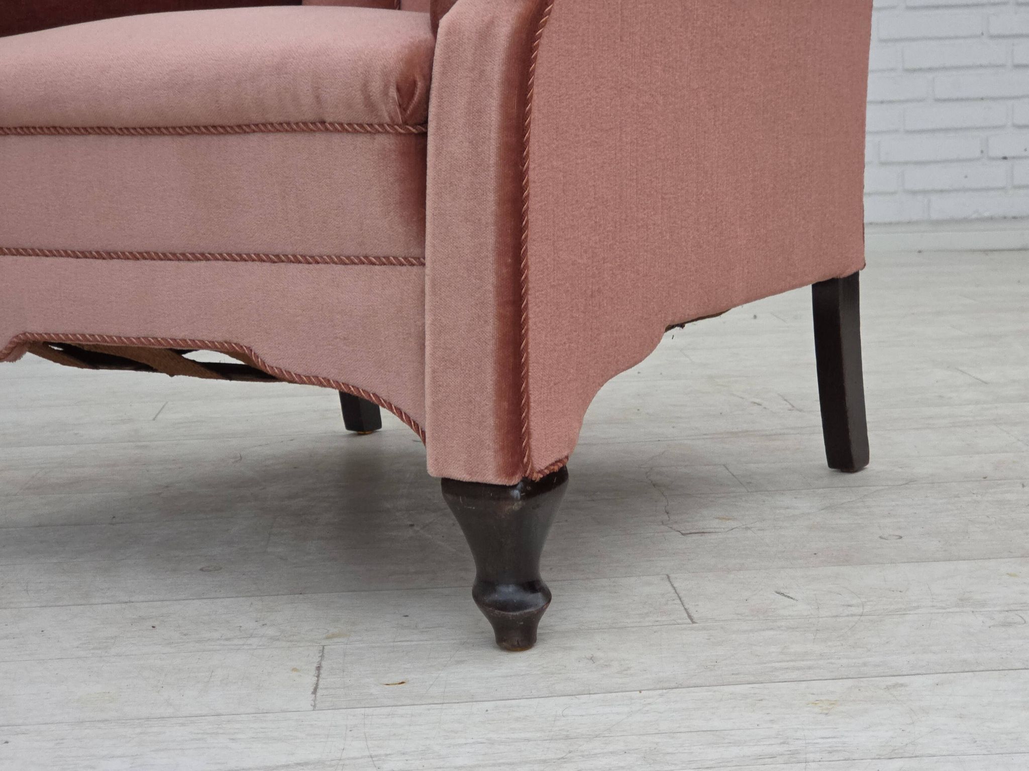 1950s, Danish armchair, salmon pink furniture velour, oak wood.