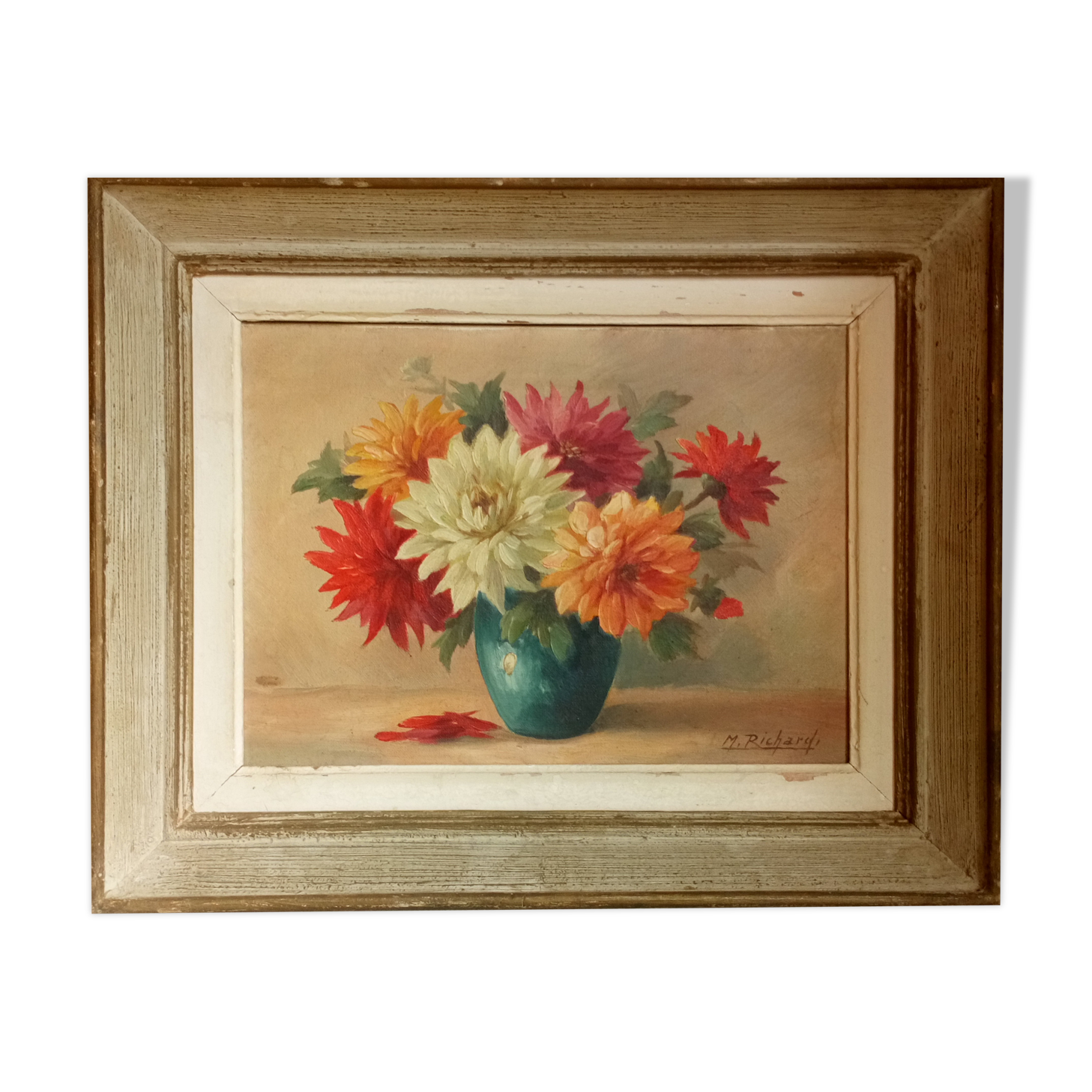 Oil on canvas vase with dalhias framed
