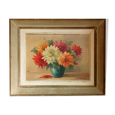 Huile sur toile vase aux dalhias encadrée