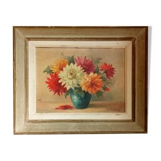 Huile sur toile vase aux dalhias encadrée