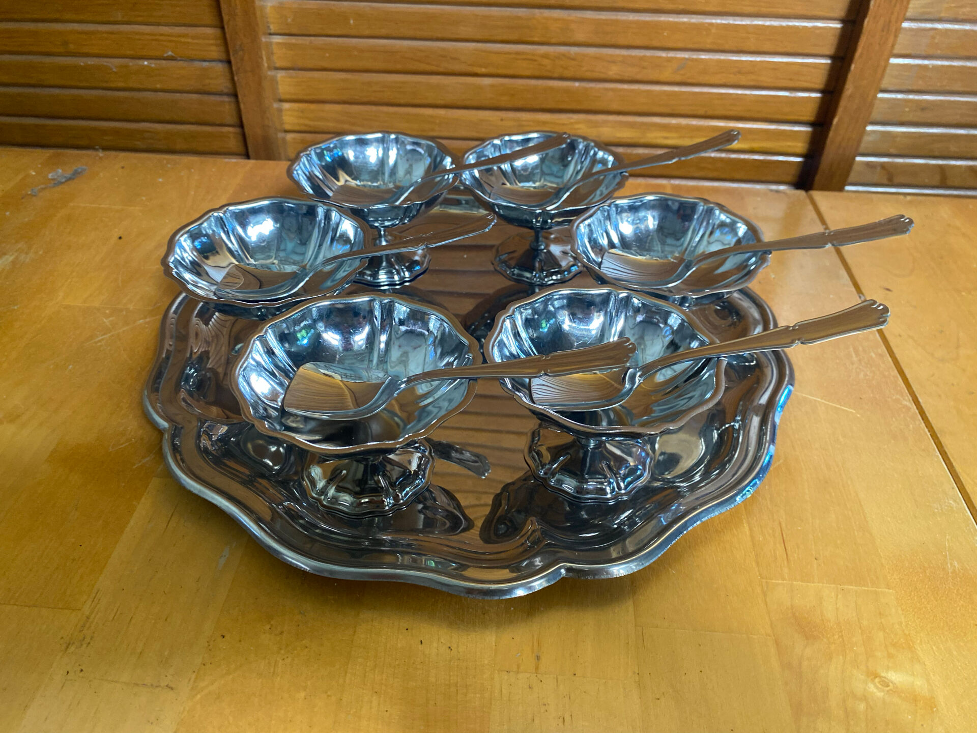 Ice Cream Service GUY DEGRENNE Tray + 6 Bowls + 6 Vintage Spoons