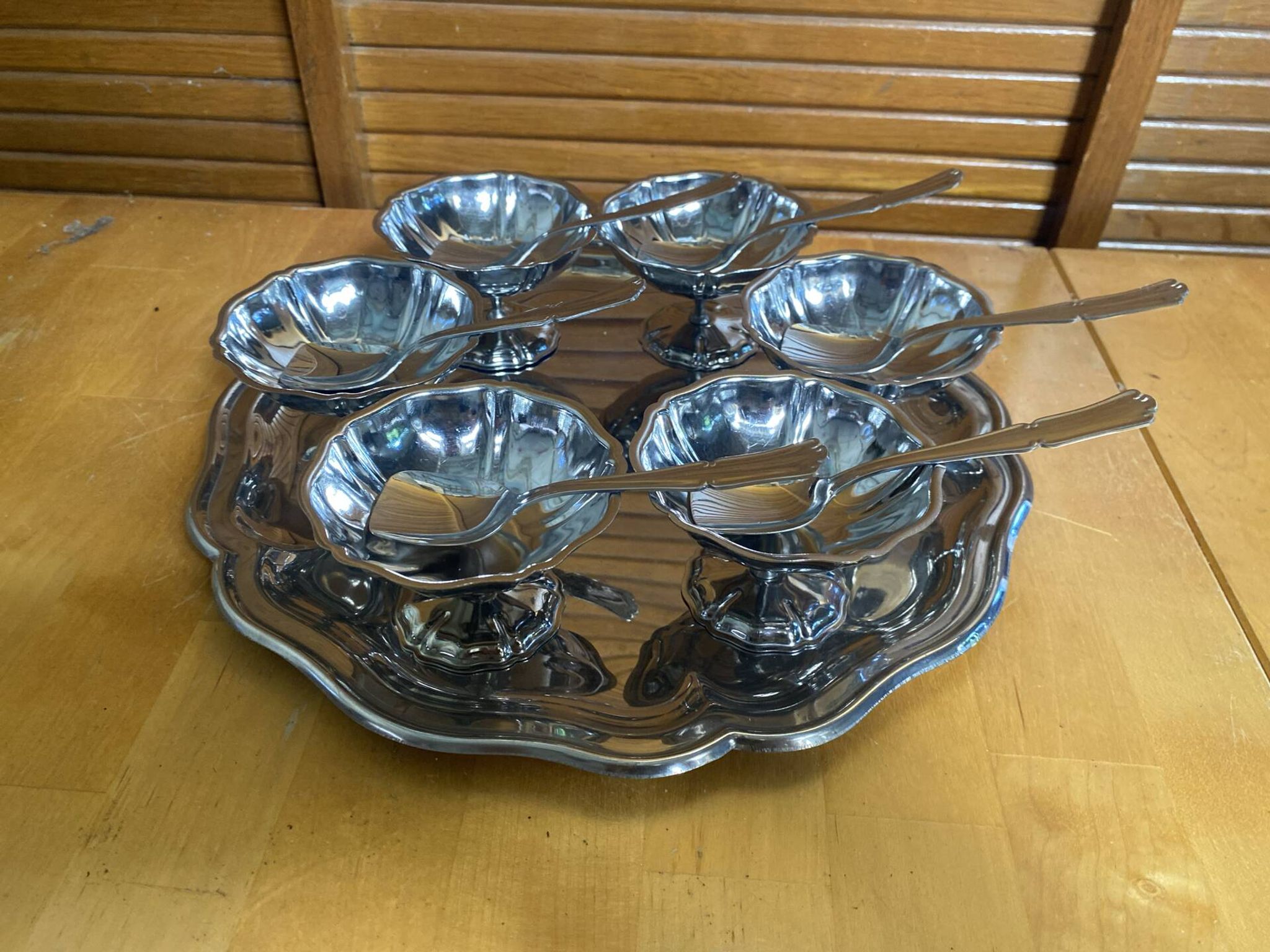 Ice Cream Service GUY DEGRENNE Tray + 6 Bowls + 6 Vintage Spoons