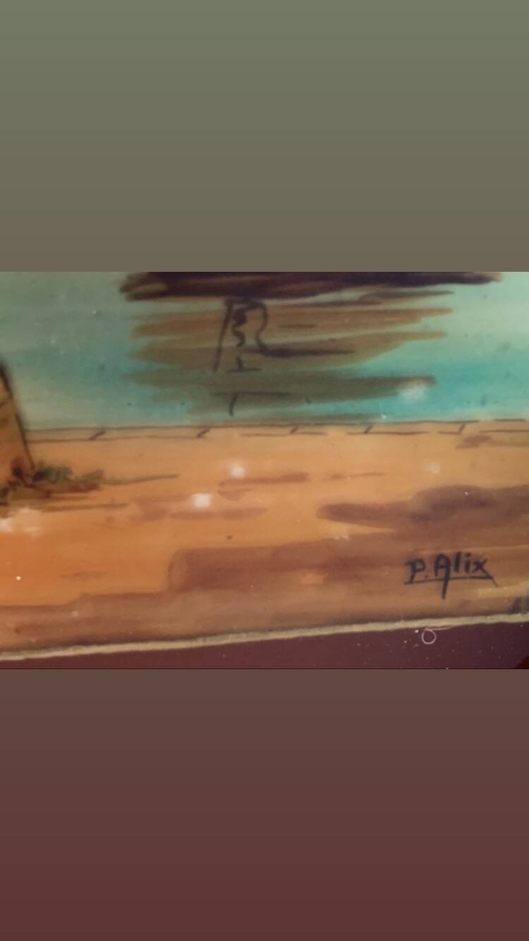 Marine painting, fixed on glass, signed P. Alix, art deco, old