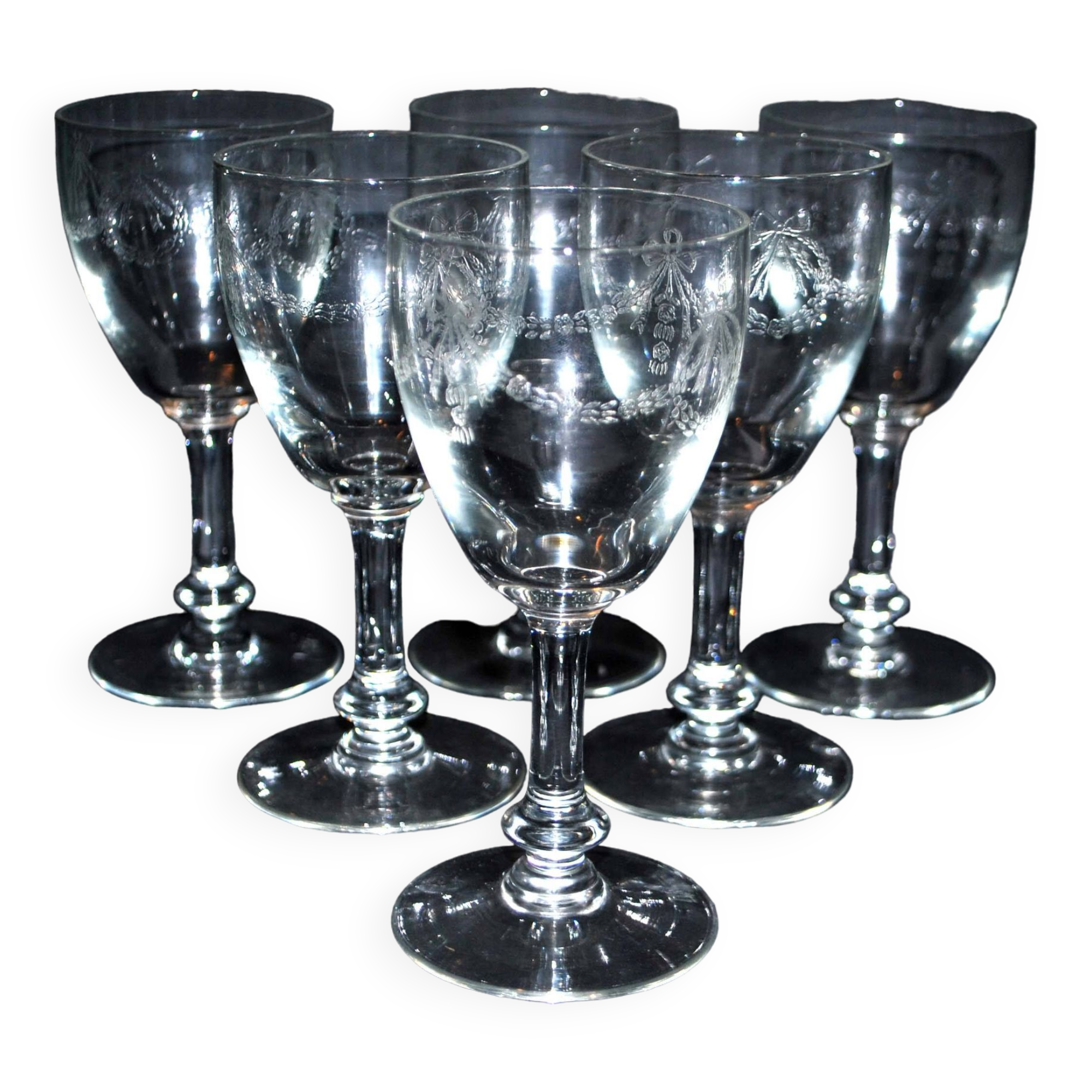 Lot de 6 verres à pied anciens en cristal gravé à l'acide - décor guirlande de fleurs noeuds 1900
