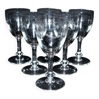 Lot de 6 verres à pied anciens en cristal gravé à l'acide - décor guirlande de fleurs noeuds 1900