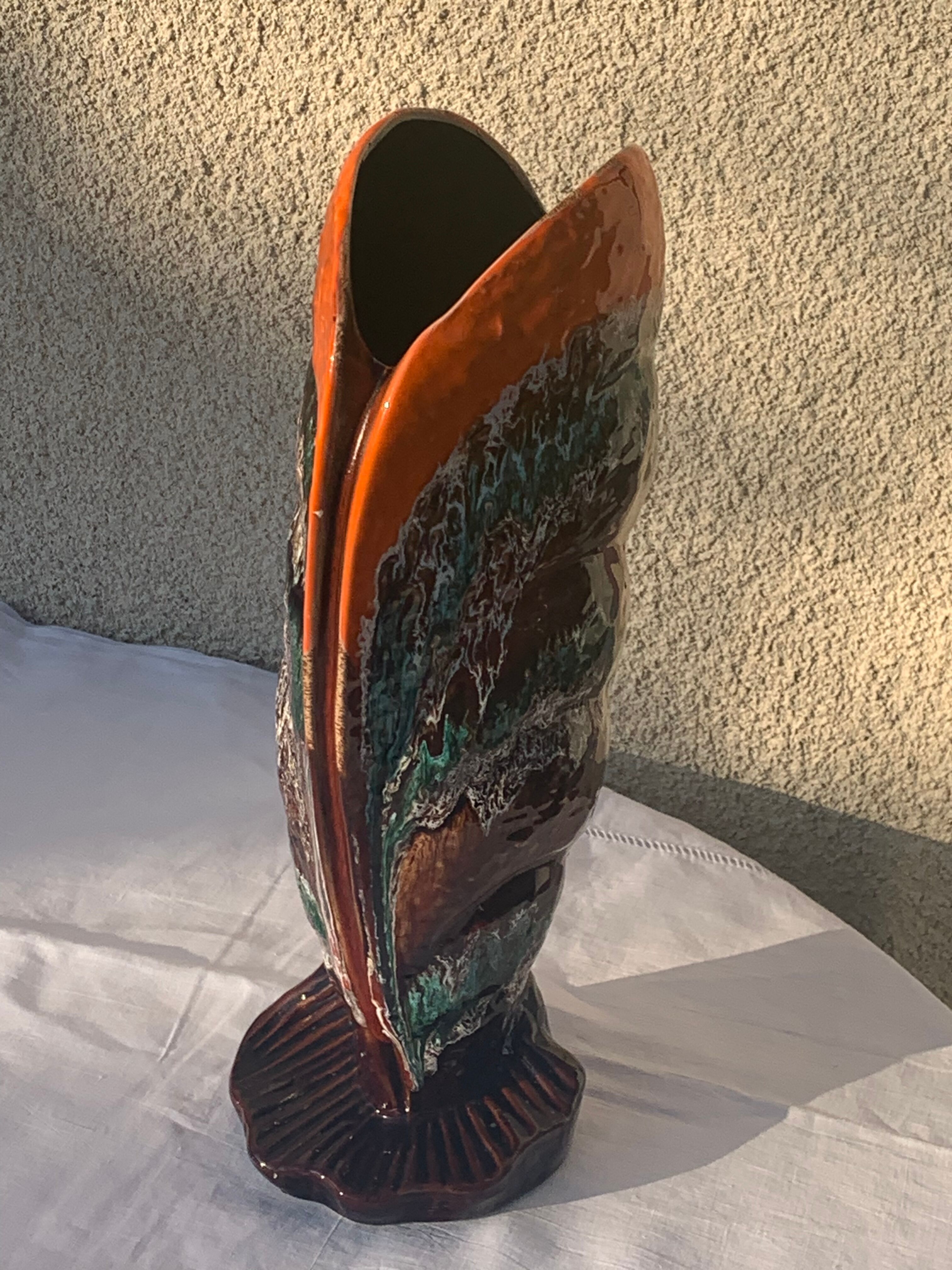 Flamed glazed ceramic slip vase molded pearly vintage vallauris