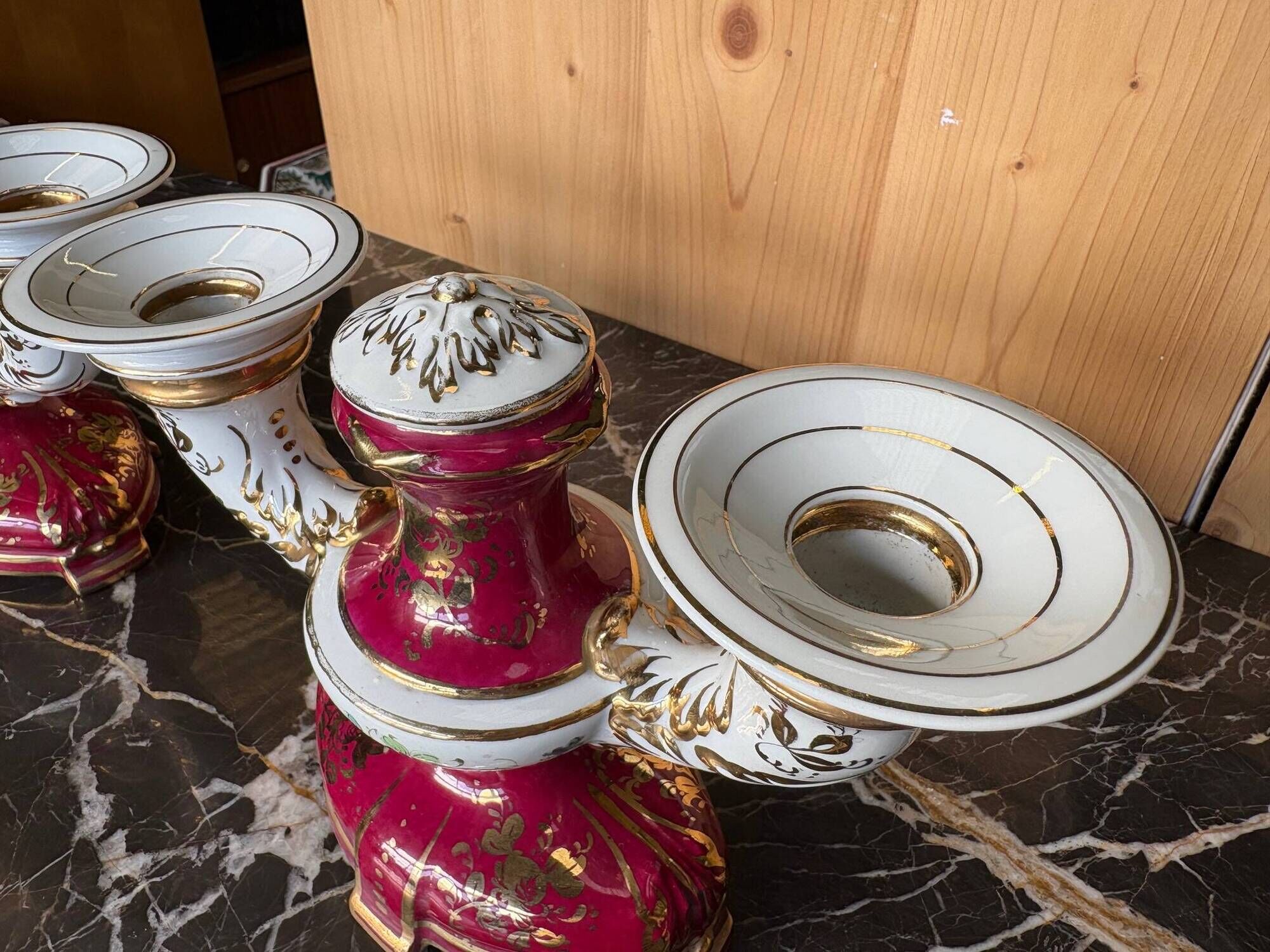 Pair of Limoges porcelain candlesticks with hand-decorated decoration – red and gold