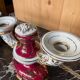 Pair of Limoges porcelain candlesticks with hand-decorated decoration – red and gold