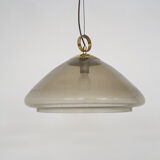Mid-century smoked glass and brass pendant light