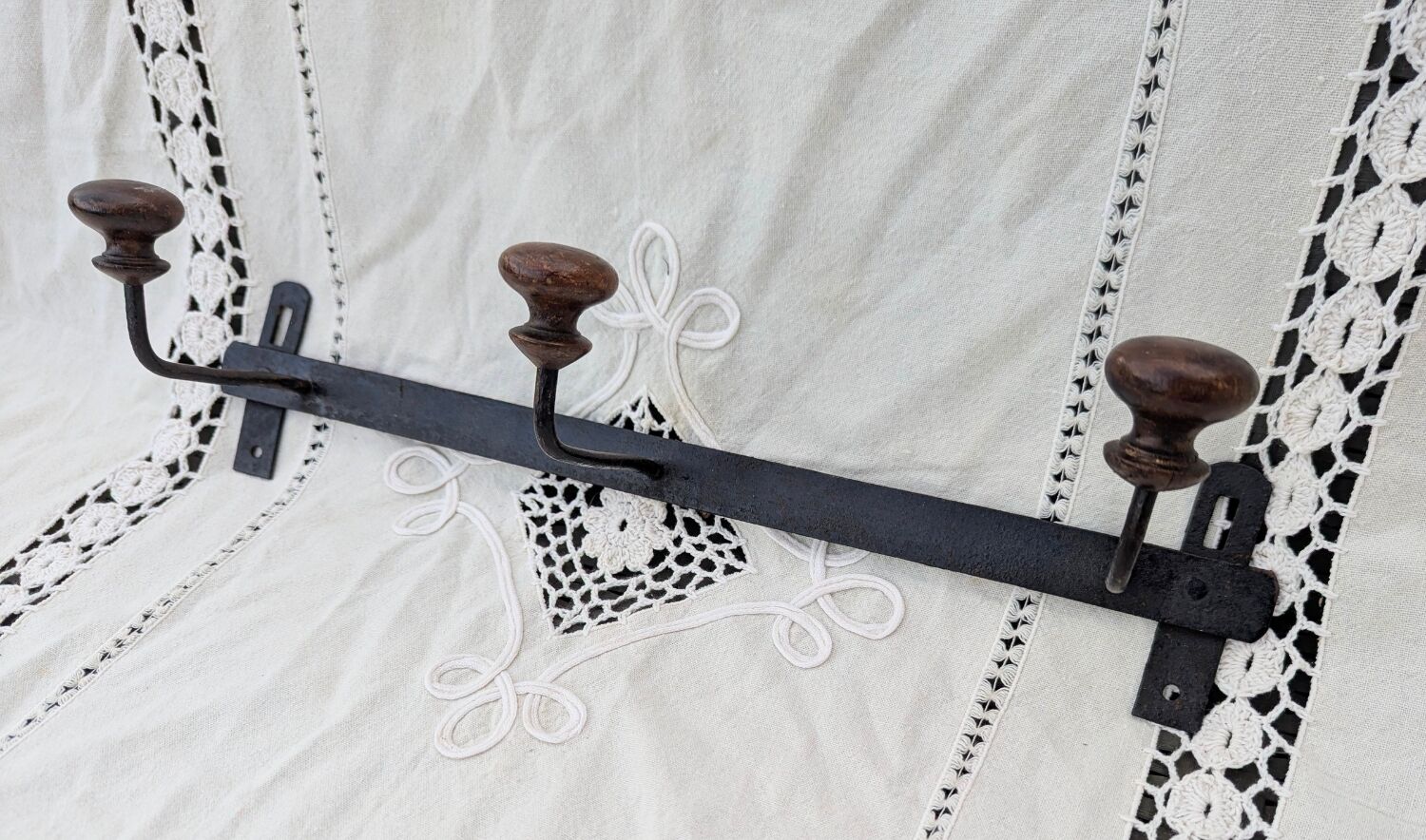 Wrought Iron Riveted Coat Rack with 3 Hooks Antique