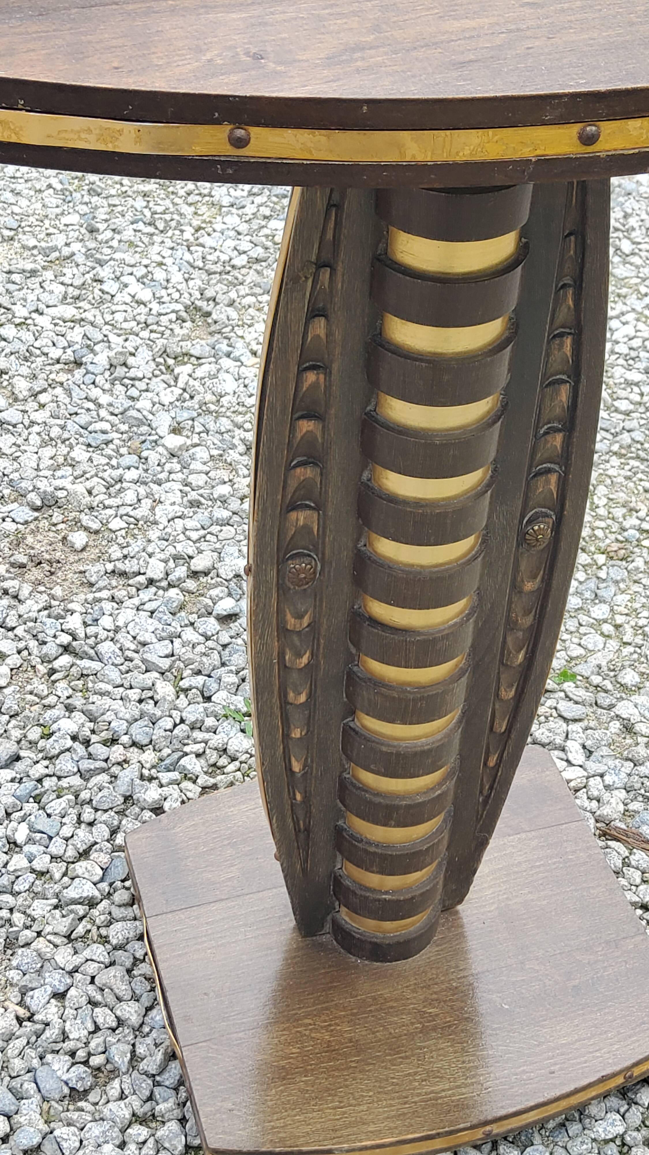 Art deco style pedestal table in beech and gold metal