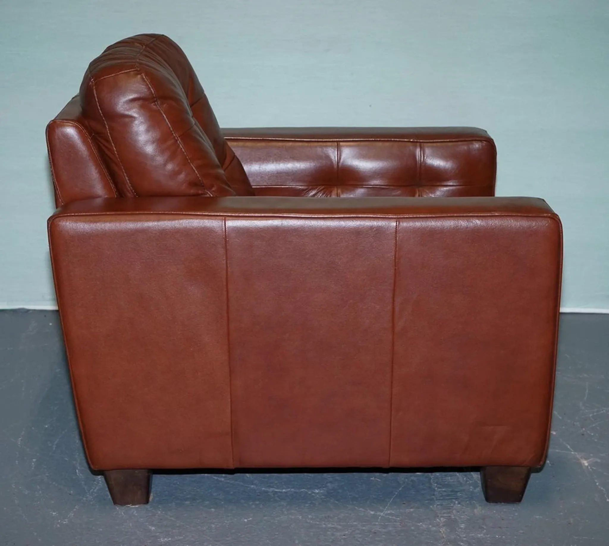Vintage Minimalist Brown Leather Buttoned Armchair
