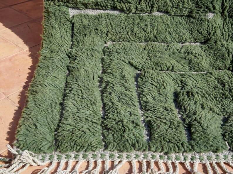 Traditional pure wool green beni ourain rug size 150x250 cm