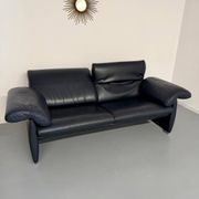 3-seater navy blue leather sofa, design by De Sede DS10, vintage 90s.