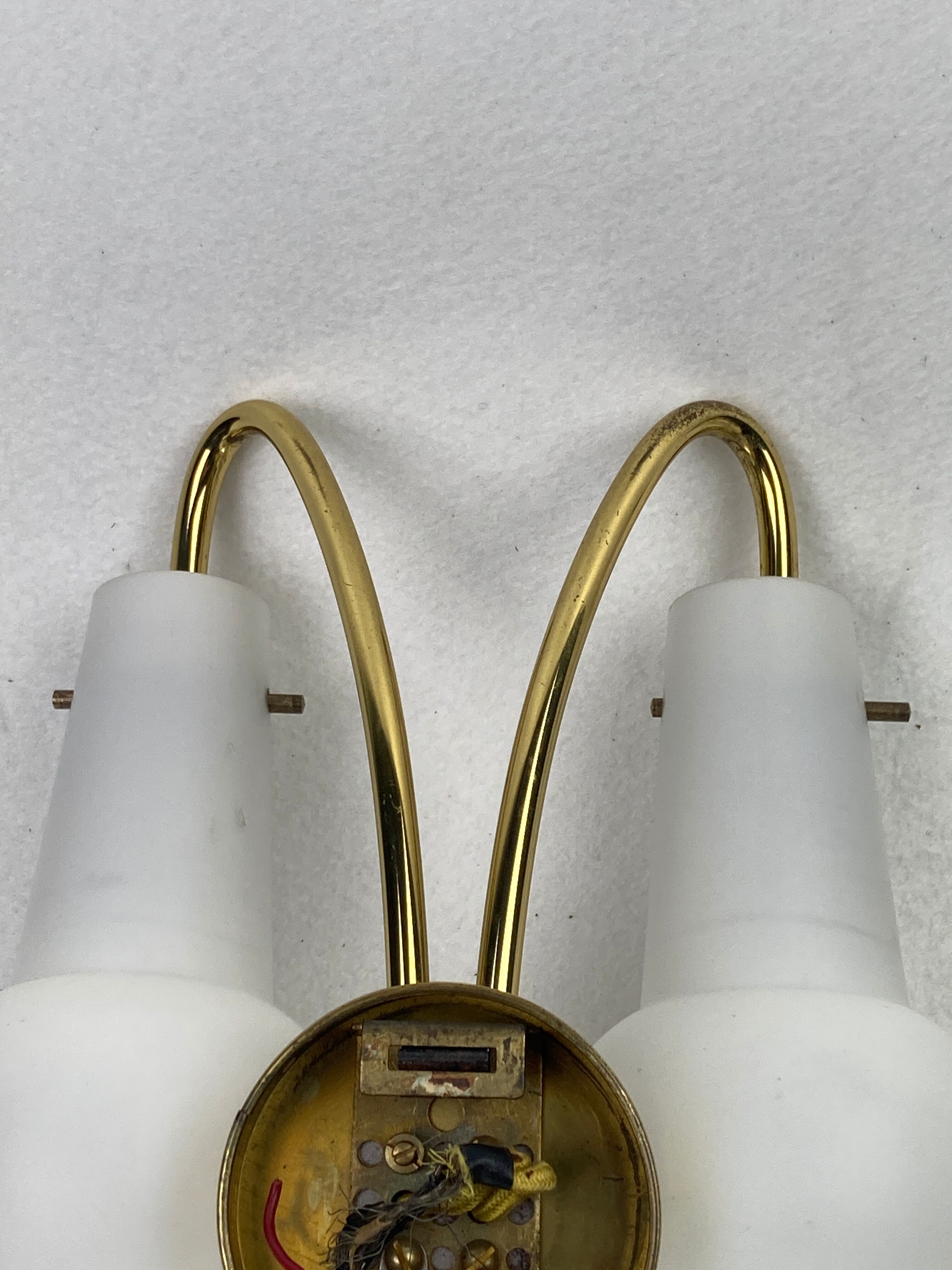 Pair brass and opaline wall sconces or bedside lamps, Austria 1950s