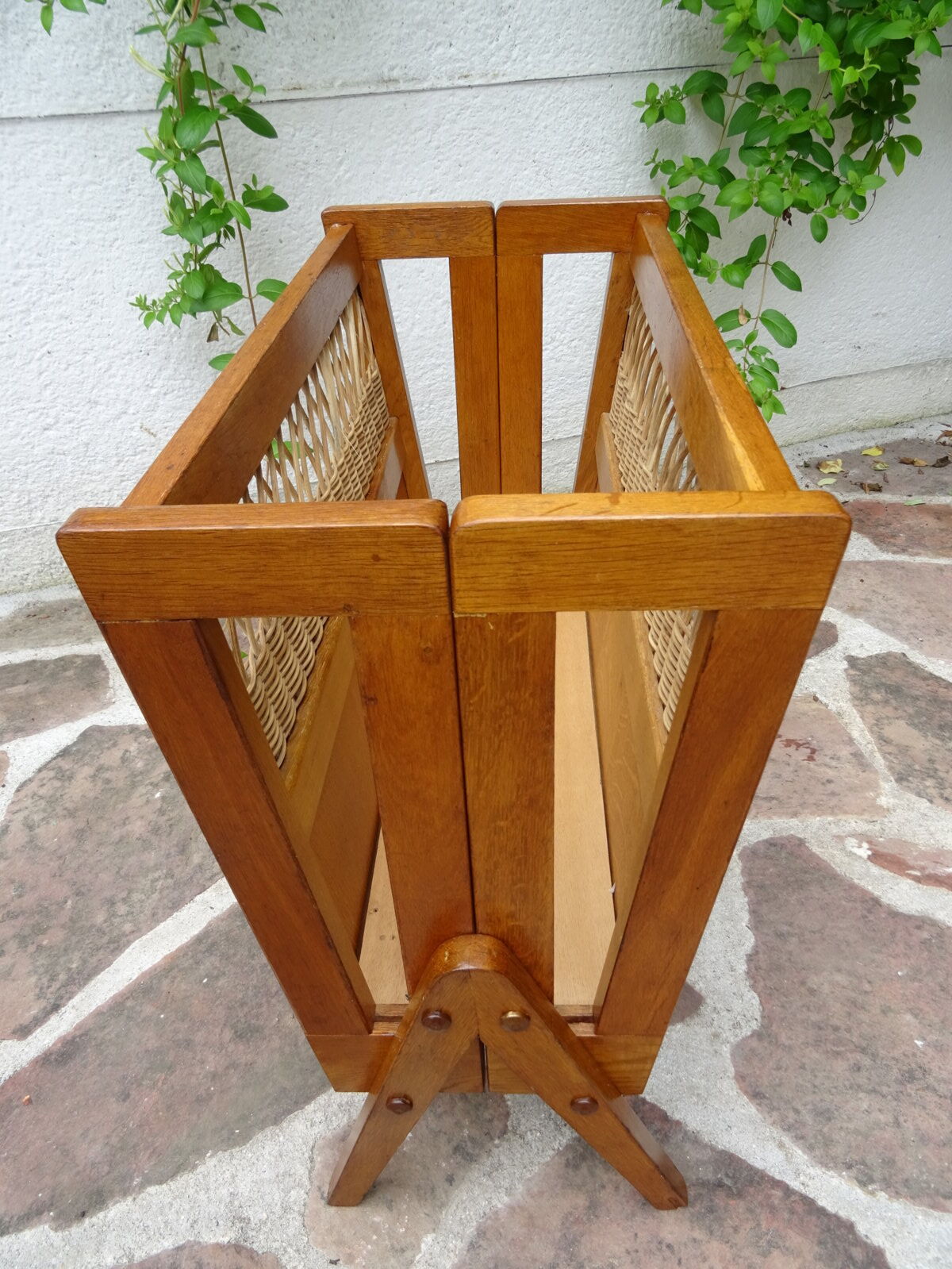 Oak and rattan magazine rack