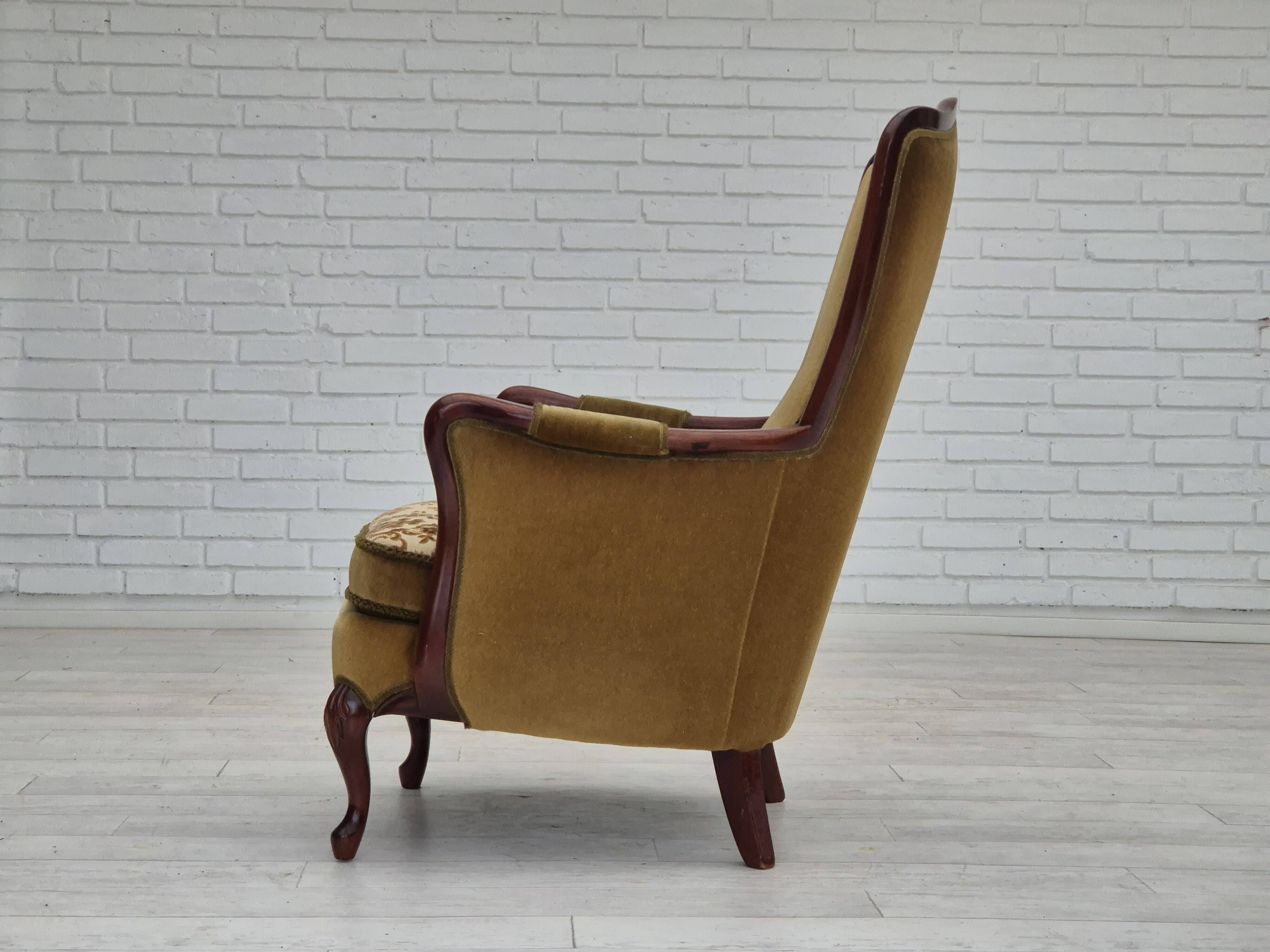1950s, Danish highback armchair, original upholstery, green velour.