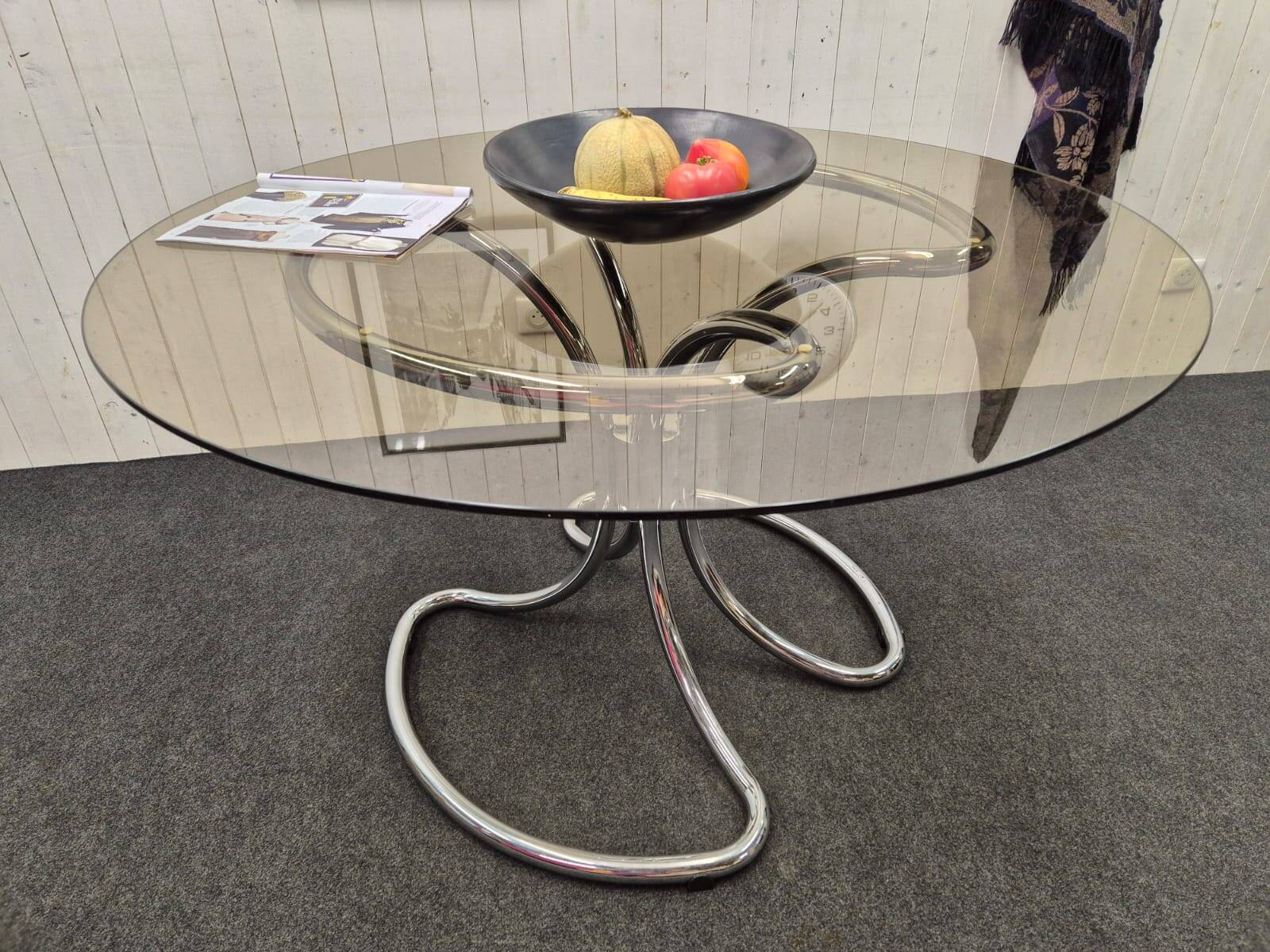 Chrome and smoked glass table.