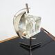 Metal table lamp with triangular glass light on tripod stand, 1970s.