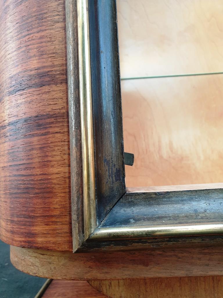 Art Deco showcase 1930 Zebrano, Sycamore and brass foot mustache